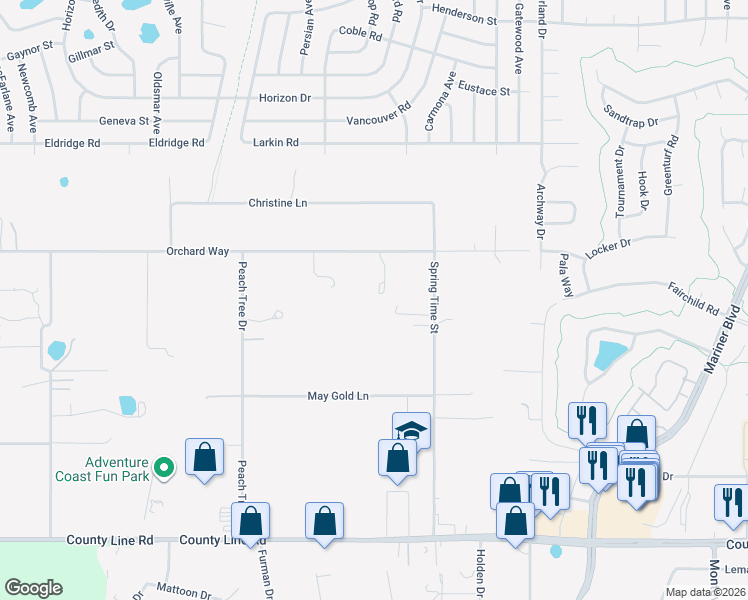 map of restaurants, bars, coffee shops, grocery stores, and more near 10030 Orchard Way in Spring Hill