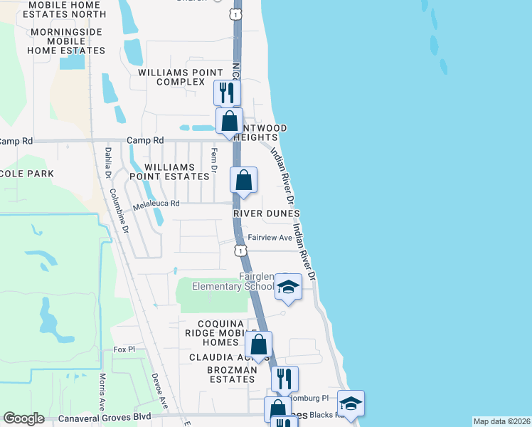 map of restaurants, bars, coffee shops, grocery stores, and more near 140 Dune Lane in Cocoa