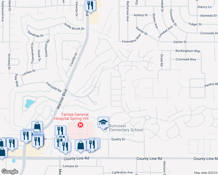 map of restaurants, bars, coffee shops, grocery stores, and more near 415 Quane Avenue in Spring Hill