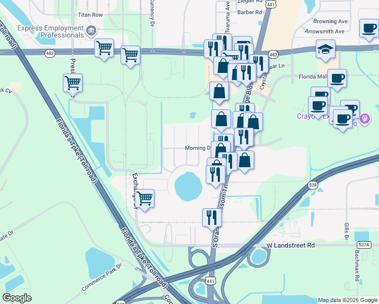 map of restaurants, bars, coffee shops, grocery stores, and more near 8405 Dawn Drive in Orlando