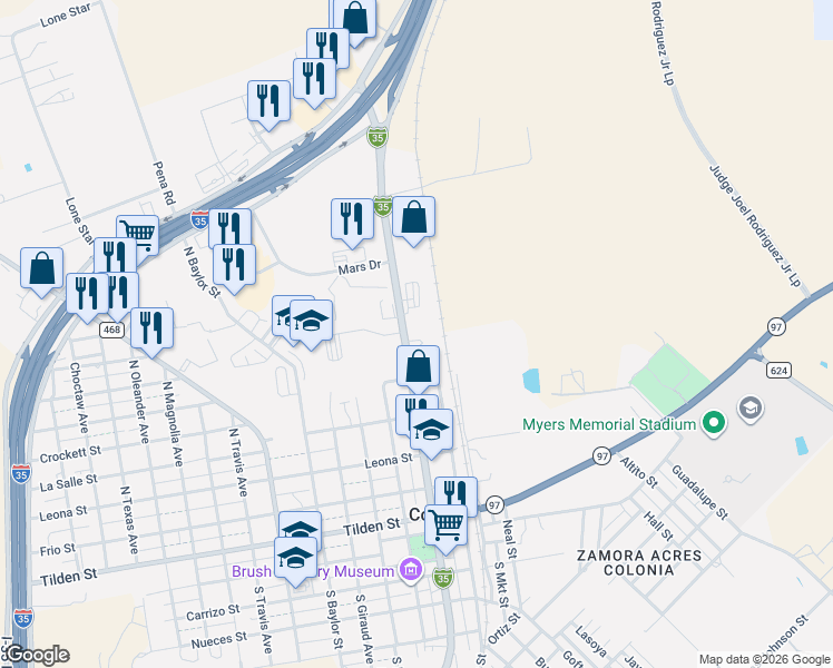 map of restaurants, bars, coffee shops, grocery stores, and more near 672 North Main Street in Cotulla
