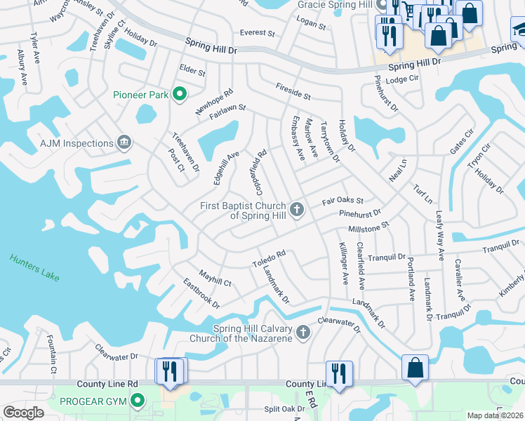 map of restaurants, bars, coffee shops, grocery stores, and more near 421 Copperfield Road in Spring Hill