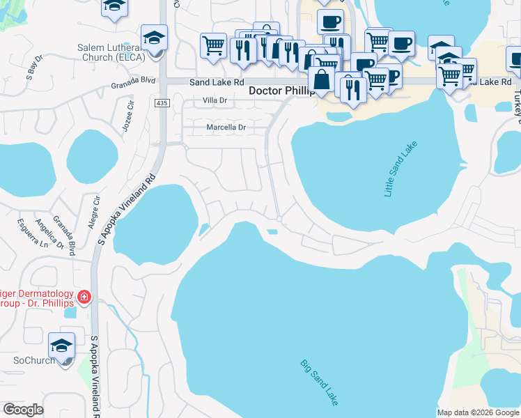 map of restaurants, bars, coffee shops, grocery stores, and more near 8508 Padova Court in Orlando