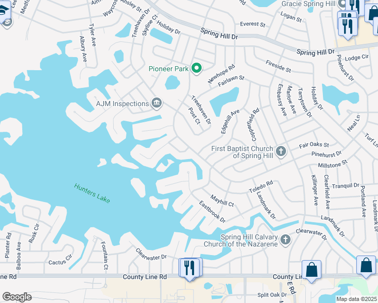 map of restaurants, bars, coffee shops, grocery stores, and more near 6360 Sunbird Lane in Spring Hill