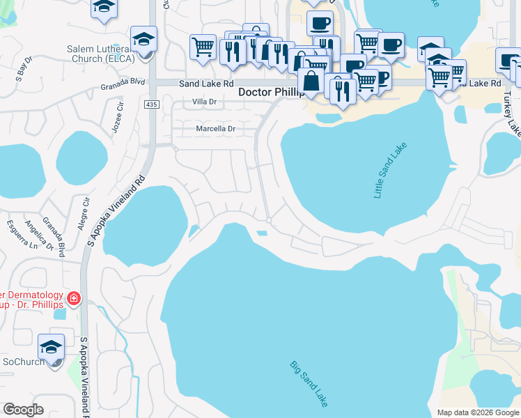 map of restaurants, bars, coffee shops, grocery stores, and more near 8508 Padova Court in Orlando