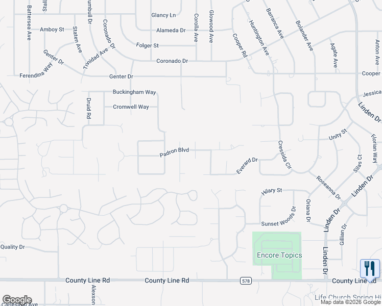 map of restaurants, bars, coffee shops, grocery stores, and more near 12230 Padron Boulevard in Spring Hill