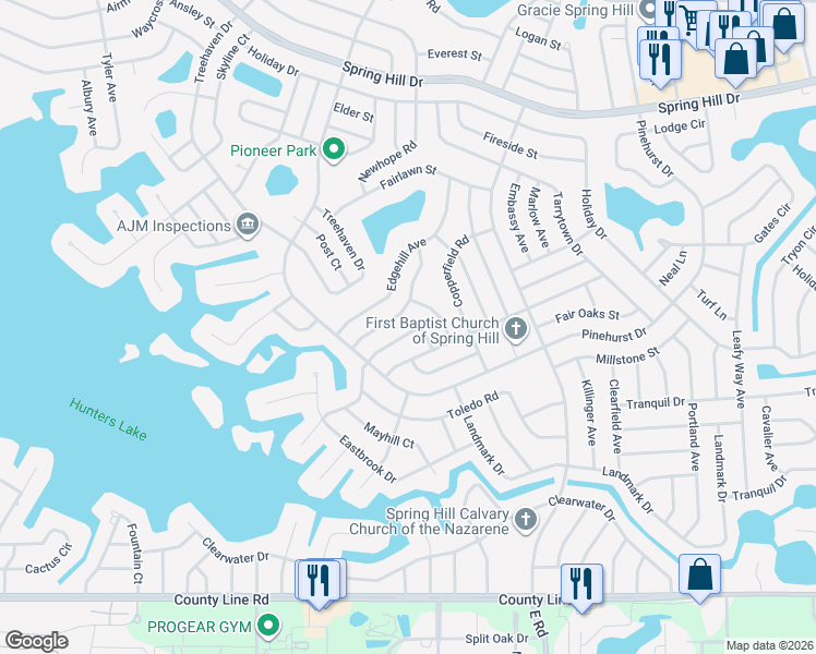 map of restaurants, bars, coffee shops, grocery stores, and more near 590 Swallow Lane in Spring Hill