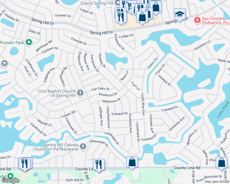 map of restaurants, bars, coffee shops, grocery stores, and more near 7438 Pinehurst Drive in Spring Hill