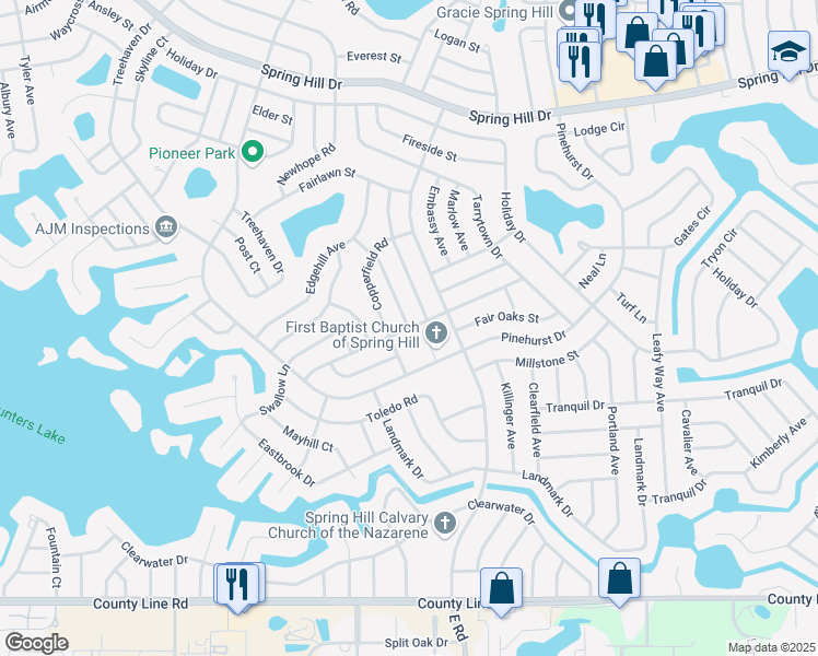 map of restaurants, bars, coffee shops, grocery stores, and more near 400 Merrimac Lane in Spring Hill