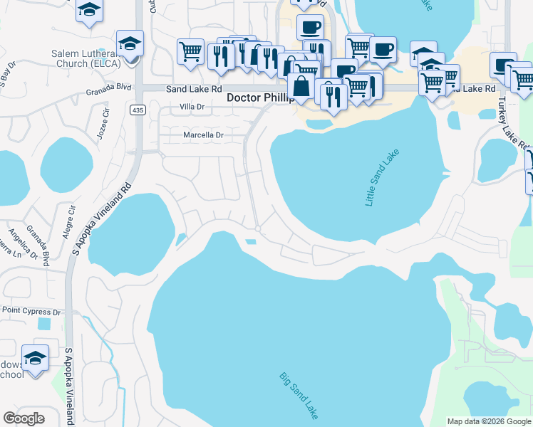 map of restaurants, bars, coffee shops, grocery stores, and more near 8416 Saint Marino Boulevard in Orlando