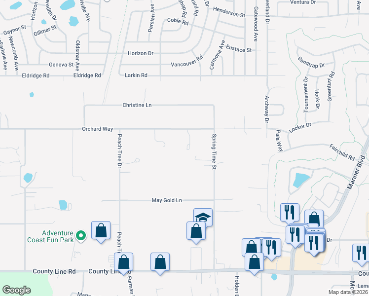 map of restaurants, bars, coffee shops, grocery stores, and more near 10030 Orchard Way in Spring Hill