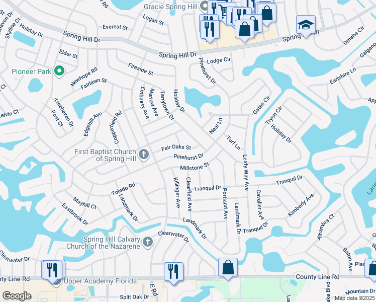 map of restaurants, bars, coffee shops, grocery stores, and more near 7238 Fair Oaks Street in Spring Hill