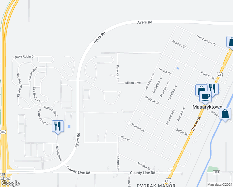 map of restaurants, bars, coffee shops, grocery stores, and more near 1870 Trillium Boulevard in Brooksville