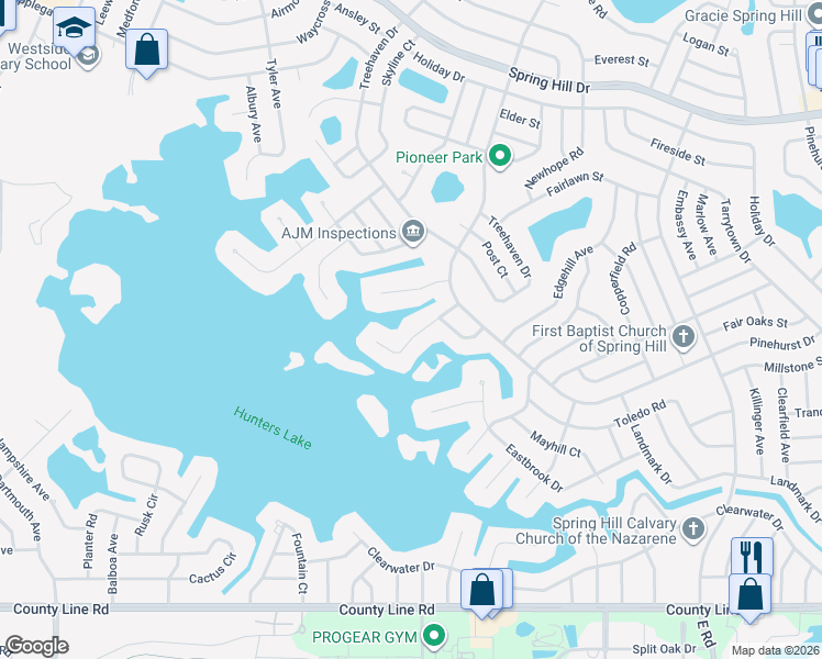 map of restaurants, bars, coffee shops, grocery stores, and more near 6299 Cranbrook Court in Spring Hill