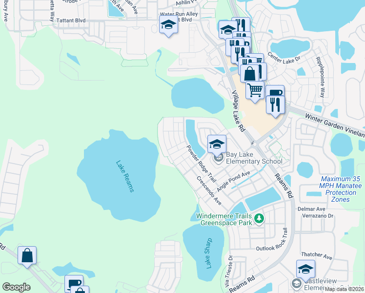 map of restaurants, bars, coffee shops, grocery stores, and more near 12106 Canyon Sun Trail in Windermere