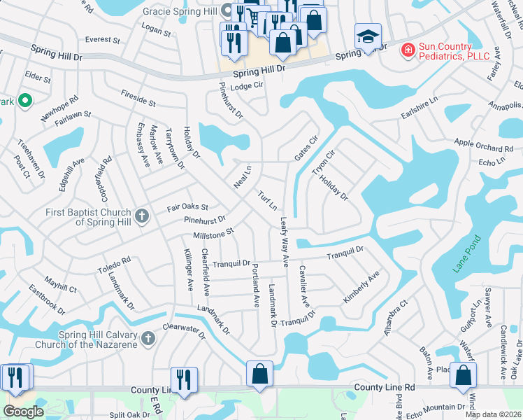 map of restaurants, bars, coffee shops, grocery stores, and more near 7500 Holiday Drive in Spring Hill