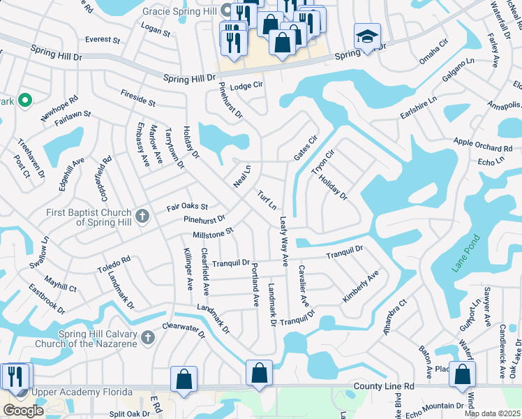 map of restaurants, bars, coffee shops, grocery stores, and more near 7505 Holiday Drive in Spring Hill