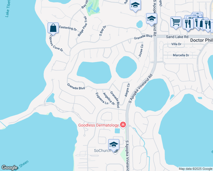 map of restaurants, bars, coffee shops, grocery stores, and more near 8489 Granada Boulevard in Orlando