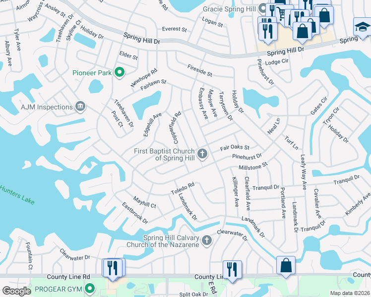 map of restaurants, bars, coffee shops, grocery stores, and more near 437 Merrimac Lane in Spring Hill