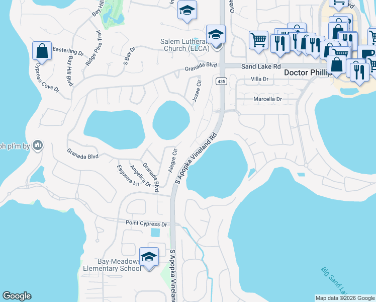 map of restaurants, bars, coffee shops, grocery stores, and more near 8472 Tangelo Tree Drive in Orlando