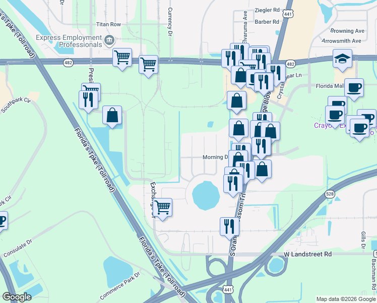 map of restaurants, bars, coffee shops, grocery stores, and more near 8410 Dot Lane in Orlando