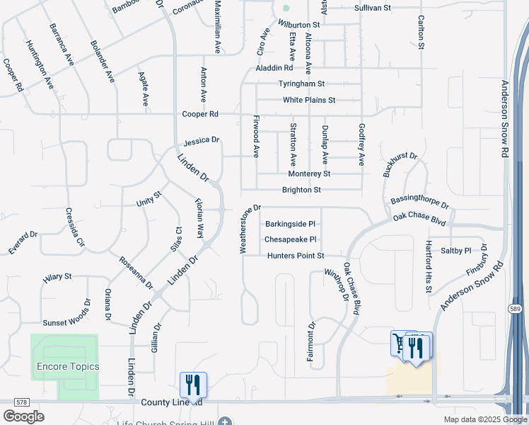 map of restaurants, bars, coffee shops, grocery stores, and more near 13340 Weatherstone Drive in Spring Hill