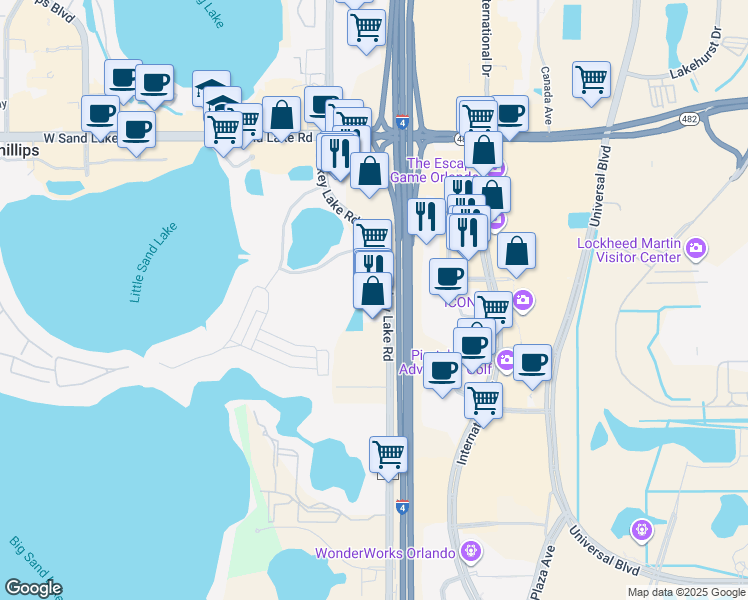 map of restaurants, bars, coffee shops, grocery stores, and more near 8956 Turkey Lake Road in Orlando