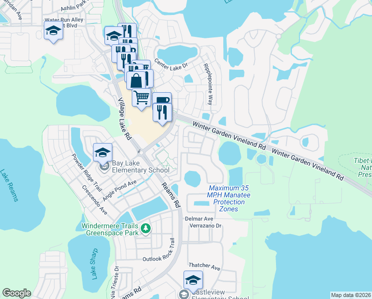 map of restaurants, bars, coffee shops, grocery stores, and more near 8477 Leeland Archer Boulevard in Orlando