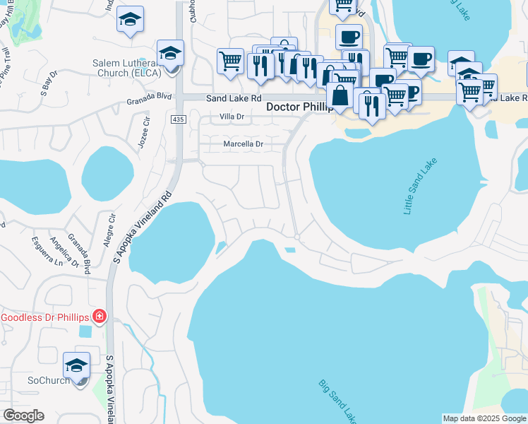 map of restaurants, bars, coffee shops, grocery stores, and more near 8321 Vía Bella Notte in Orlando