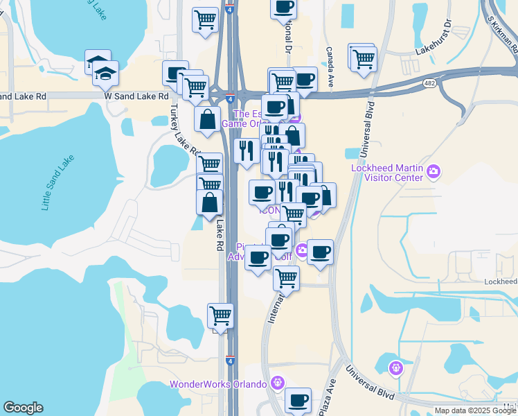 map of restaurants, bars, coffee shops, grocery stores, and more near 8368 Jamaican Court in Orlando