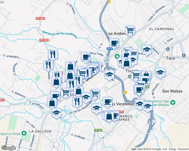map of restaurants, bars, coffee shops, grocery stores, and more near Avenida los Majuelos in Santa Cruz de Tenerife