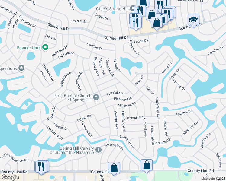 map of restaurants, bars, coffee shops, grocery stores, and more near 7197 Fair Oaks Street in Spring Hill