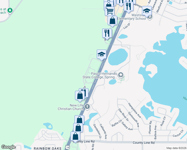 map of restaurants, bars, coffee shops, grocery stores, and more near 494 Cape Cod Loop in Spring Hill