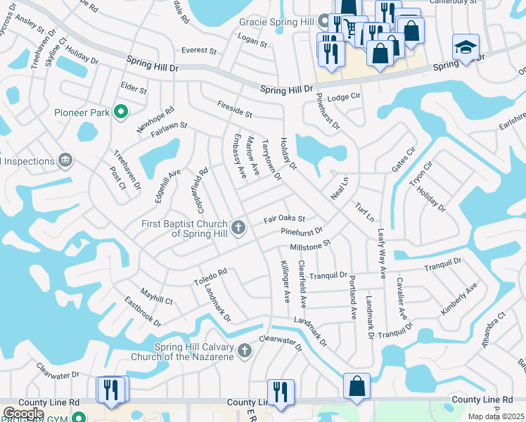map of restaurants, bars, coffee shops, grocery stores, and more near 7136 Brierdale Street in Spring Hill
