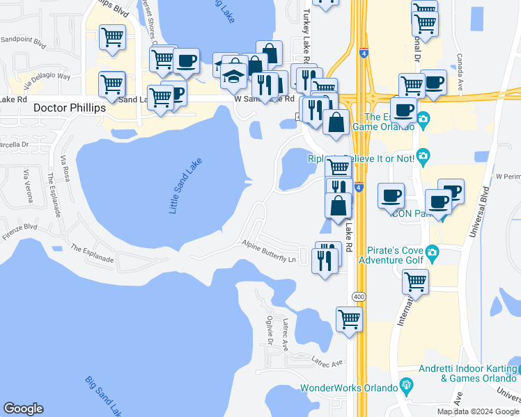 map of restaurants, bars, coffee shops, grocery stores, and more near 6560 Sand Lake Sound Road in Orlando