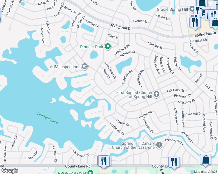 map of restaurants, bars, coffee shops, grocery stores, and more near 6819 Treehaven Drive in Spring Hill