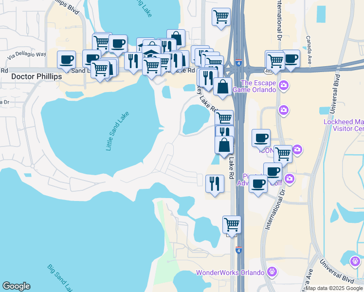 map of restaurants, bars, coffee shops, grocery stores, and more near 6560 Sand Lake Sound Road in Orlando