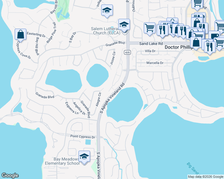 map of restaurants, bars, coffee shops, grocery stores, and more near 8432 Tangelo Tree Drive in Orlando