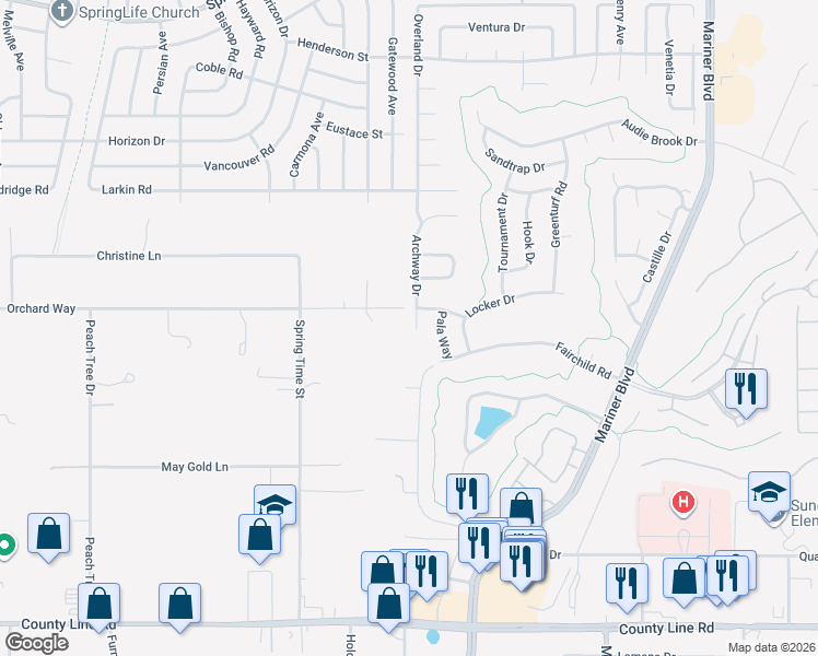 map of restaurants, bars, coffee shops, grocery stores, and more near 427 Archway Drive in Spring Hill