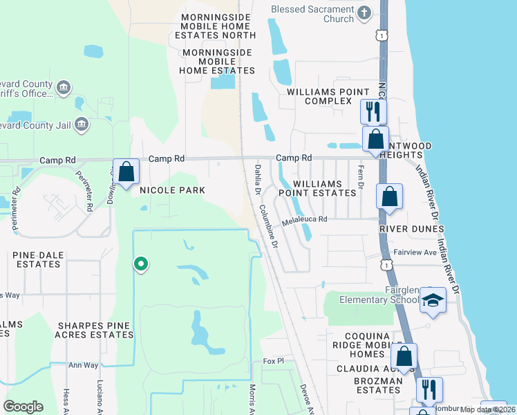 map of restaurants, bars, coffee shops, grocery stores, and more near 6936 Columbine Drive in Cocoa