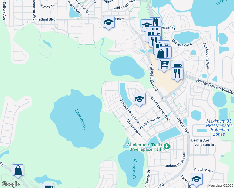 map of restaurants, bars, coffee shops, grocery stores, and more near 8480 Powder Ridge Trail in Windermere