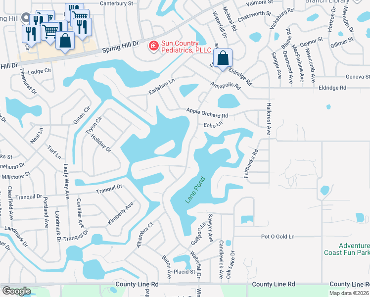 map of restaurants, bars, coffee shops, grocery stores, and more near 557 Waterfall Drive in Spring Hill