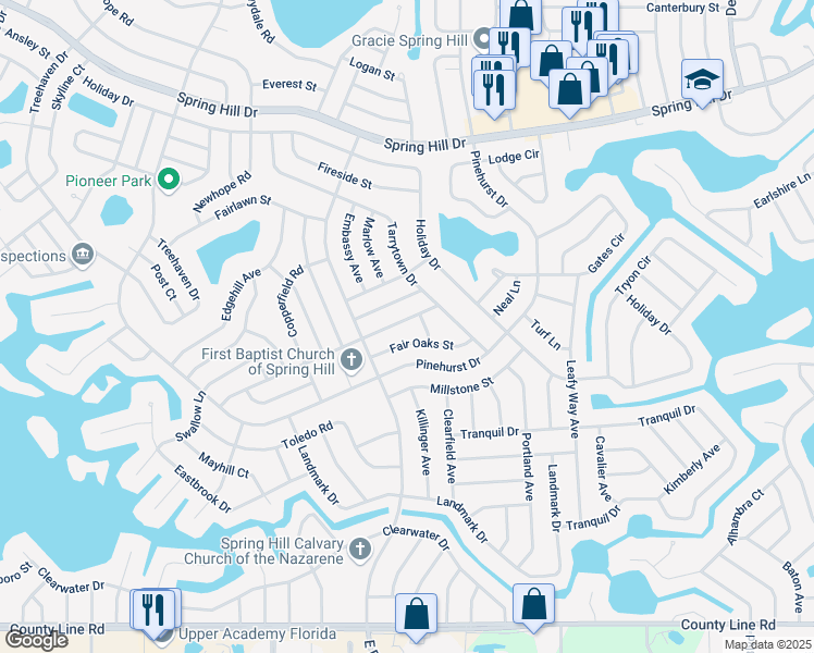 map of restaurants, bars, coffee shops, grocery stores, and more near 7219 Catalina Street in Spring Hill