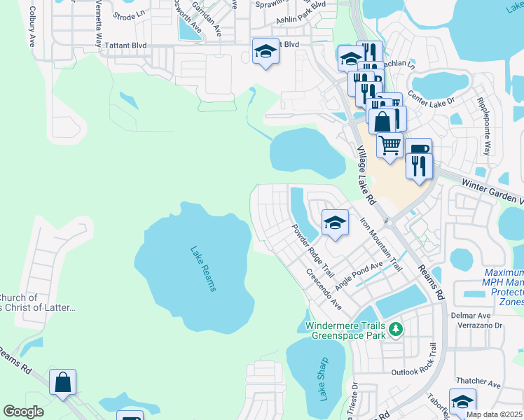 map of restaurants, bars, coffee shops, grocery stores, and more near 8323 Lookout Pointe Drive in Windermere