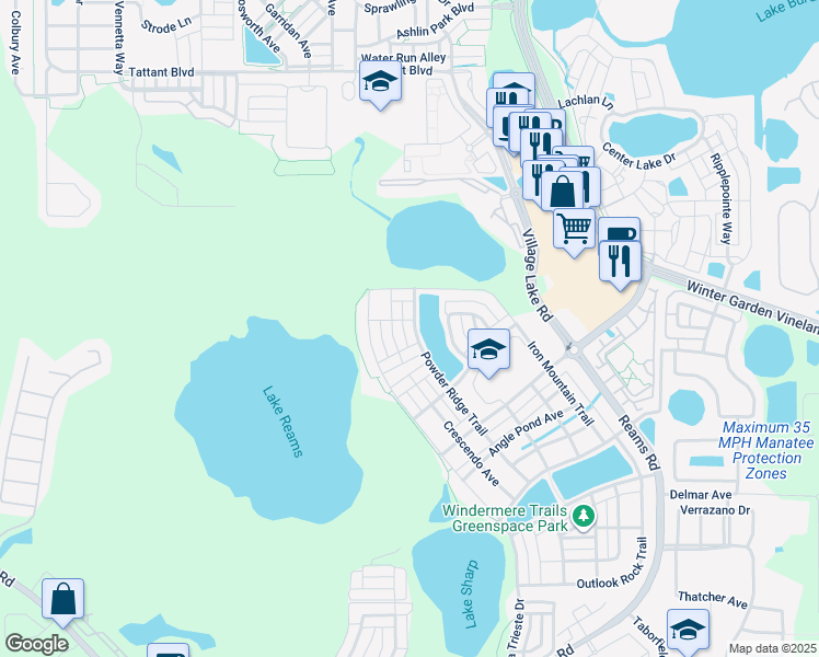 map of restaurants, bars, coffee shops, grocery stores, and more near 8468 Powder Ridge Trail in Windermere