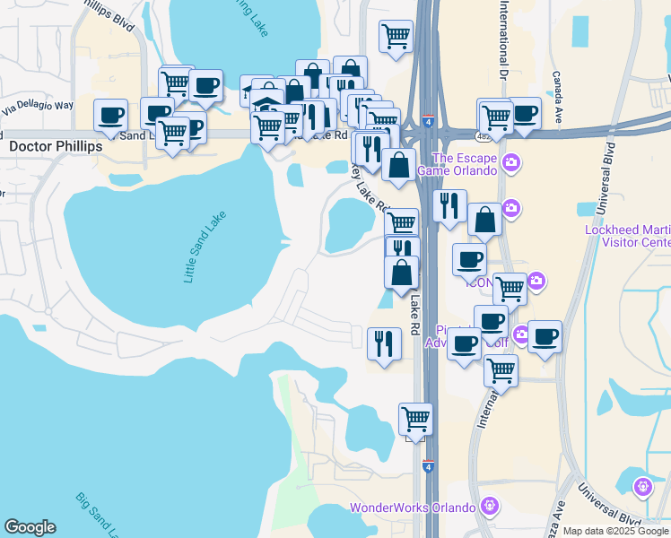 map of restaurants, bars, coffee shops, grocery stores, and more near 8956 Turkey Lake Road in Orlando