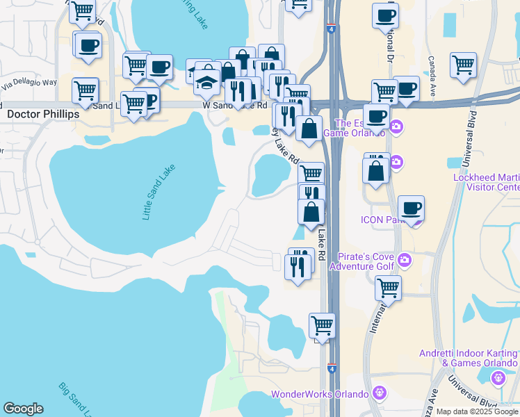 map of restaurants, bars, coffee shops, grocery stores, and more near 8956 Turkey Lake Road in Orlando