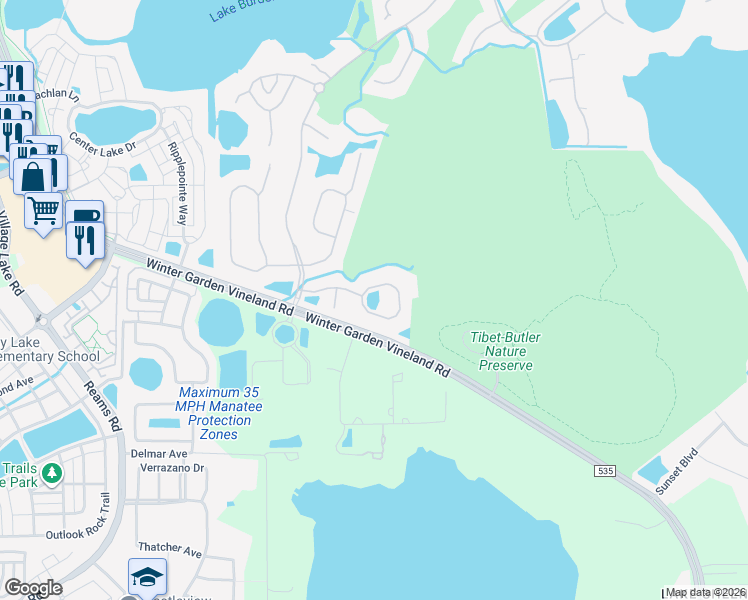 map of restaurants, bars, coffee shops, grocery stores, and more near 8554 Eagles Loop Circle in Windermere