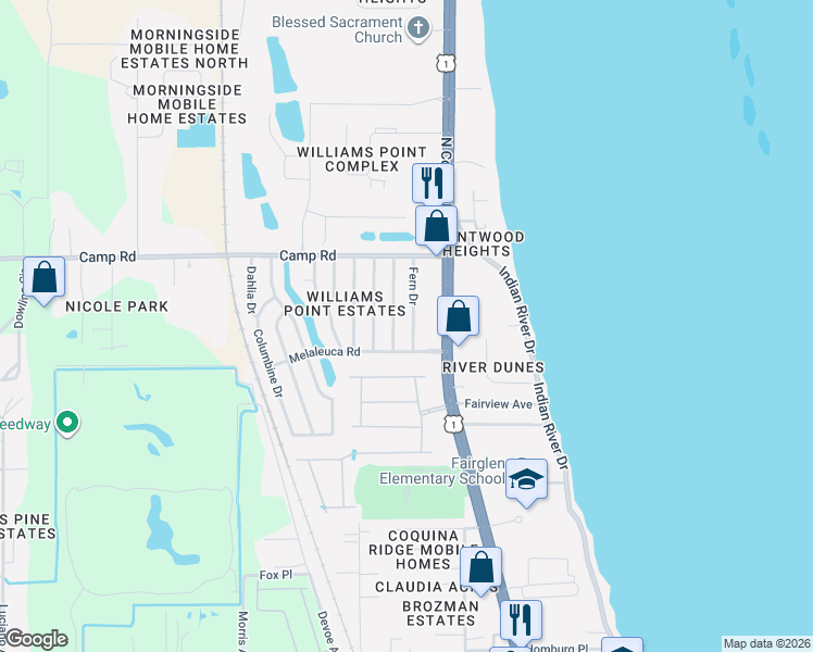 map of restaurants, bars, coffee shops, grocery stores, and more near 6995 Fern Drive in Cocoa