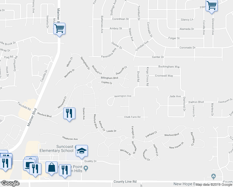 map of restaurants, bars, coffee shops, grocery stores, and more near 11377 Newington Avenue in Spring Hill
